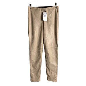 MANGO Beige Faux-Leather High-Waist Skinny Snap-Hem Women's Pants NWT Size Small